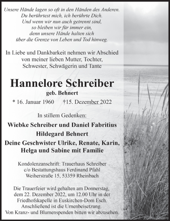Anzeige von Hannelore Schreiber von  Blickpunkt Euskirchen 