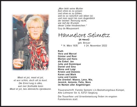Anzeige von Hannelore Seimetz von Kölner Stadt-Anzeiger / Kölnische Rundschau / Express