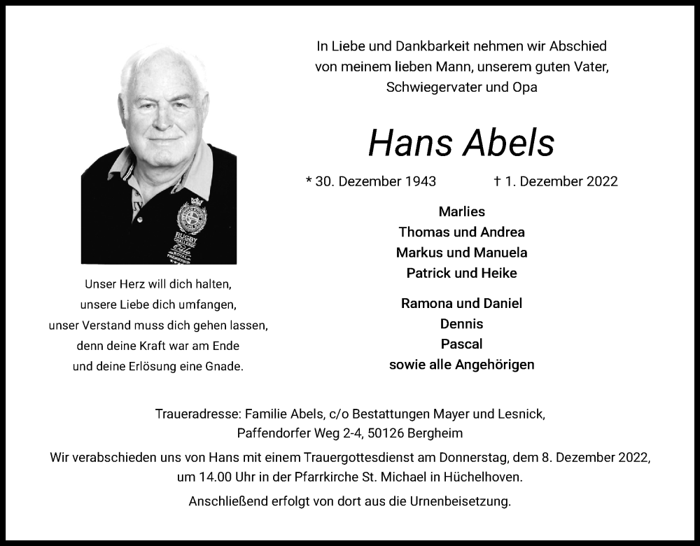  Traueranzeige für Hans Abels vom 06.12.2022 aus Kölner Stadt-Anzeiger / Kölnische Rundschau / Express