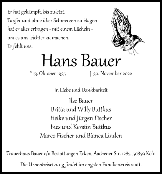 Anzeige von Hans Bauer von Kölner Stadt-Anzeiger / Kölnische Rundschau / Express