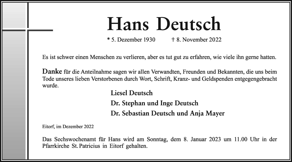  Traueranzeige für Hans Deutsch vom 23.12.2022 aus Kölner Stadt-Anzeiger / Kölnische Rundschau / Express