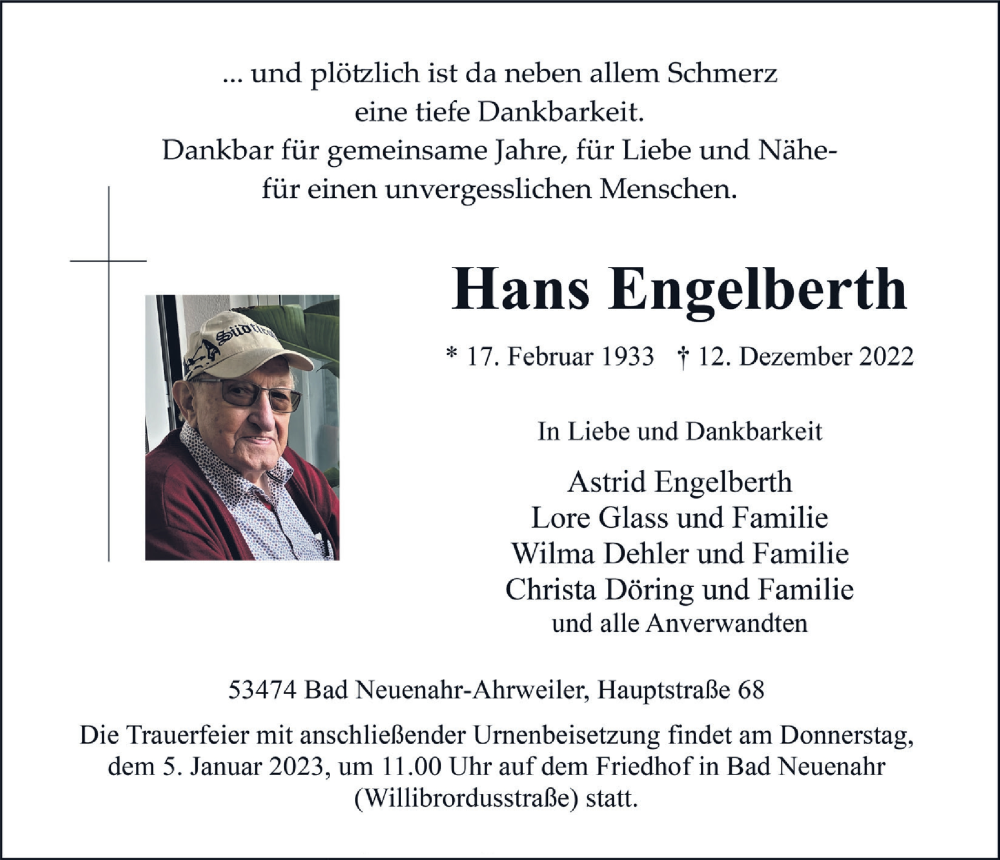  Traueranzeige für Hans Engelberth vom 22.12.2022 aus  Lokalanzeiger 