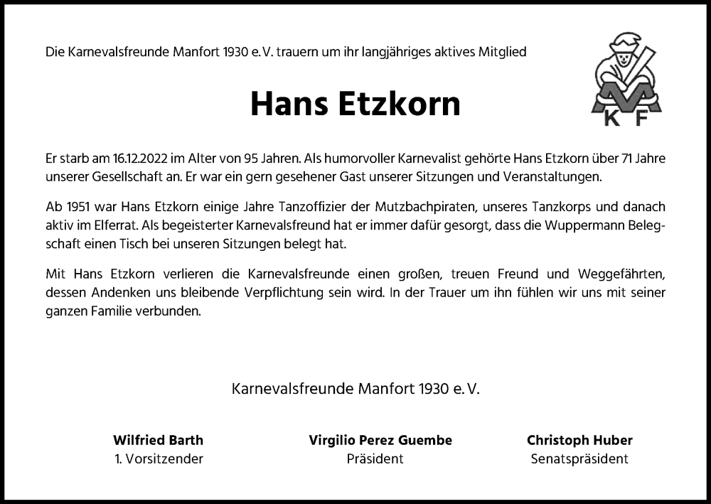  Traueranzeige für Hans Etzkorn vom 22.12.2022 aus Kölner Stadt-Anzeiger / Kölnische Rundschau / Express