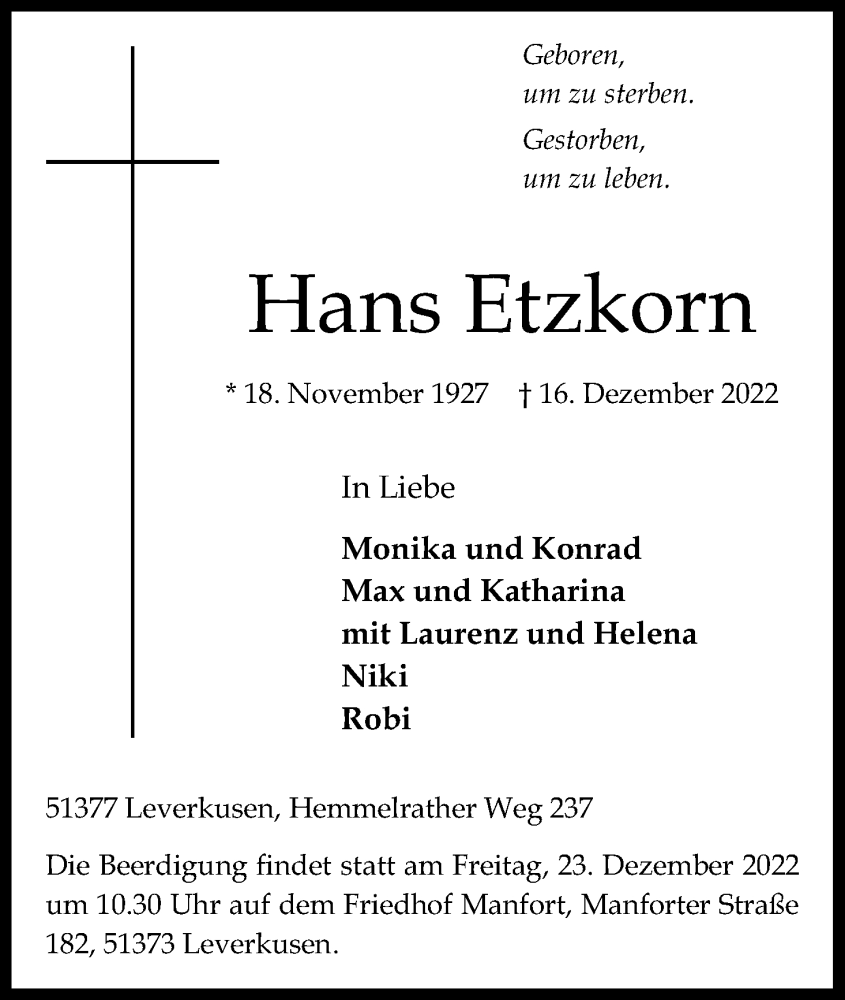  Traueranzeige für Hans Etzkorn vom 20.12.2022 aus Kölner Stadt-Anzeiger / Kölnische Rundschau / Express