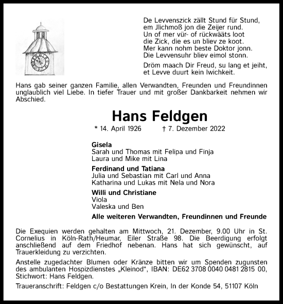 Anzeige von Hans Feldgen von Kölner Stadt-Anzeiger / Kölnische Rundschau / Express