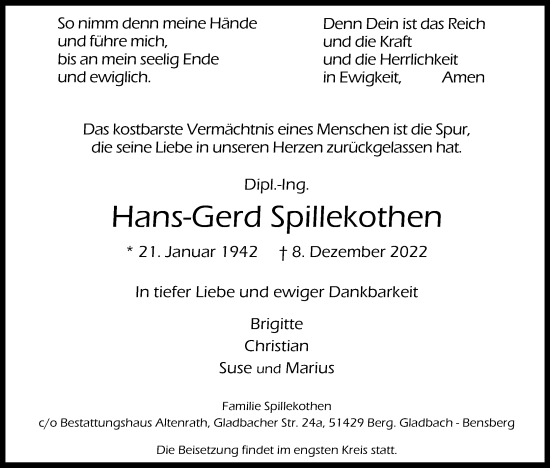 Anzeige von Hans-Gerd Spillekothen von Kölner Stadt-Anzeiger / Kölnische Rundschau / Express