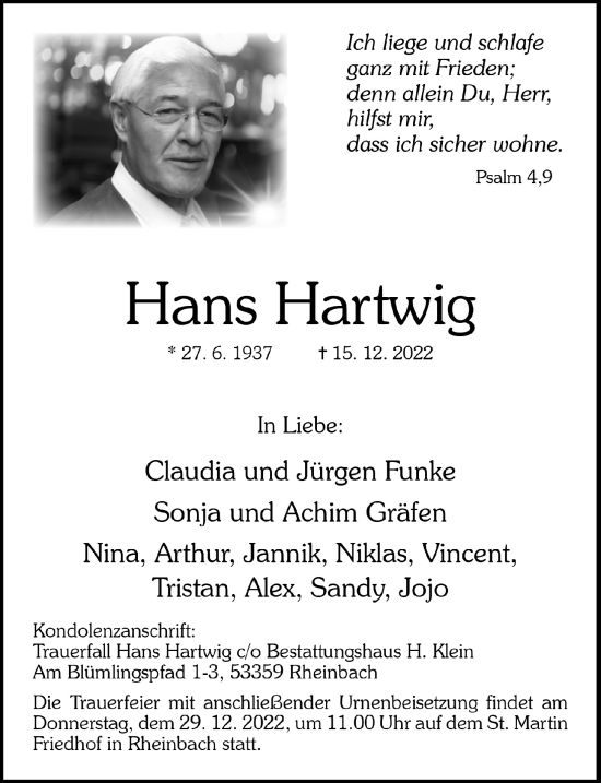Anzeige von Hans Hartwig von  Schaufenster/Blickpunkt 