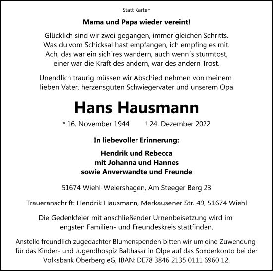 Anzeige von Hans Hausmann von Kölner Stadt-Anzeiger / Kölnische Rundschau / Express