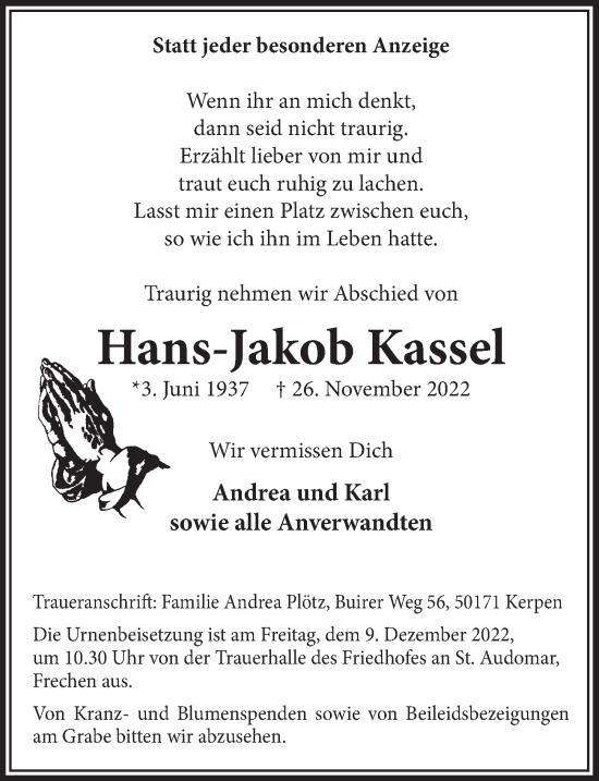 Anzeige von Hans-Jakob Kassel von  Wochenende 