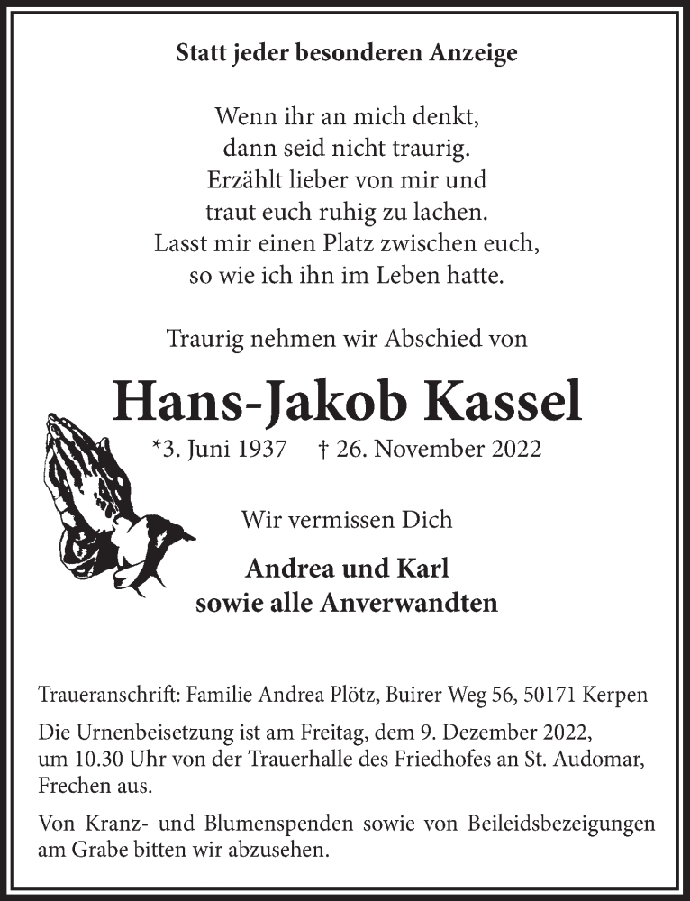  Traueranzeige für Hans-Jakob Kassel vom 02.12.2022 aus  Wochenende 
