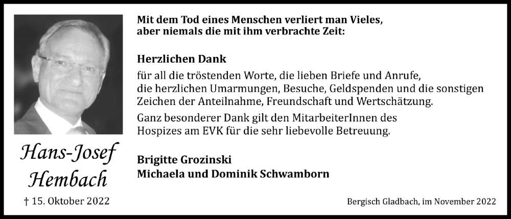  Traueranzeige für Hans-Josef Hembach vom 02.12.2022 aus  Bergisches Handelsblatt 