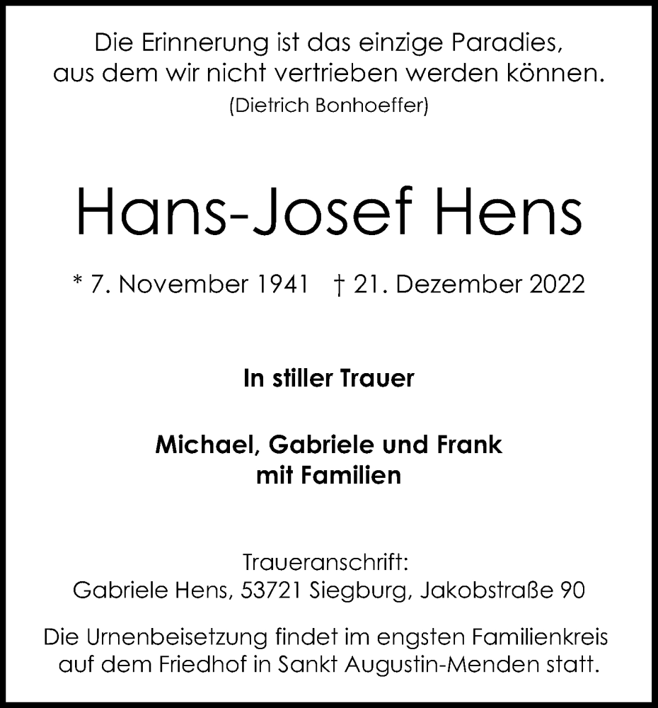  Traueranzeige für Hans-Josef Hens vom 27.12.2022 aus Kölner Stadt-Anzeiger / Kölnische Rundschau / Express
