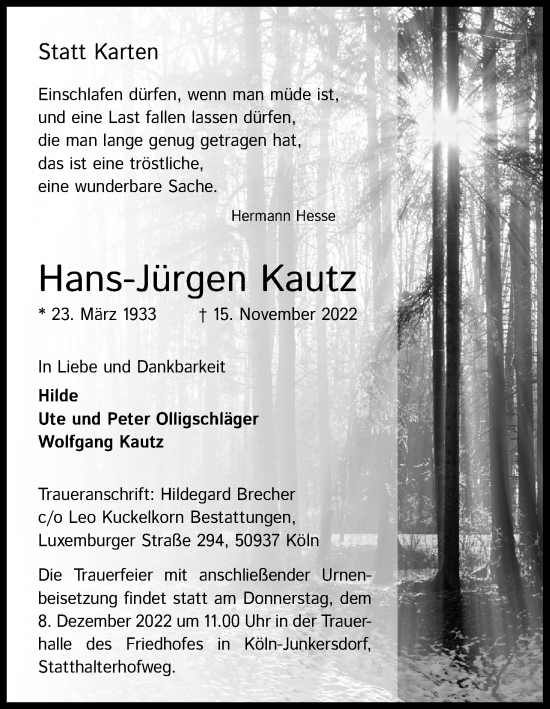Anzeige von Hans-Jürgen Kautz von Kölner Stadt-Anzeiger / Kölnische Rundschau / Express
