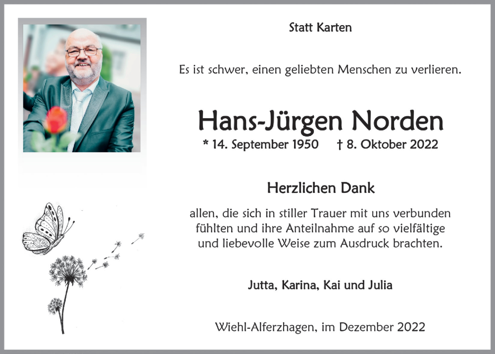  Traueranzeige für Hans-Jürgen Norden vom 02.12.2022 aus  Anzeigen Echo 