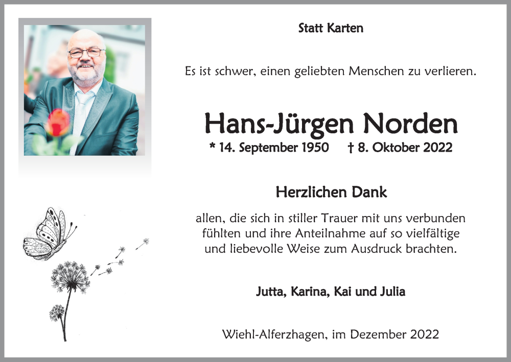  Traueranzeige für Hans-Jürgen Norden vom 03.12.2022 aus Kölner Stadt-Anzeiger / Kölnische Rundschau / Express