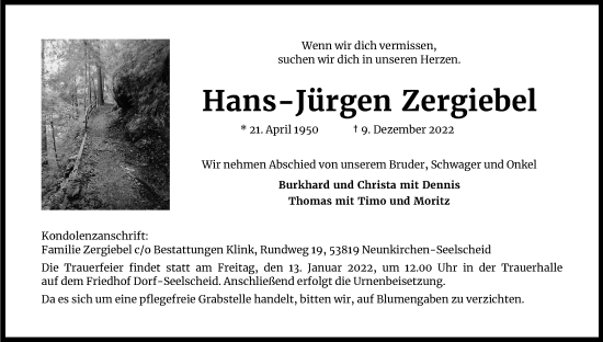 Anzeige von Hans-Jürgen Zergiebel von Kölner Stadt-Anzeiger / Kölnische Rundschau / Express