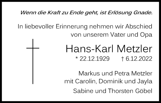 Anzeige von Hans-Karl Metzler von Kölner Stadt-Anzeiger / Kölnische Rundschau / Express