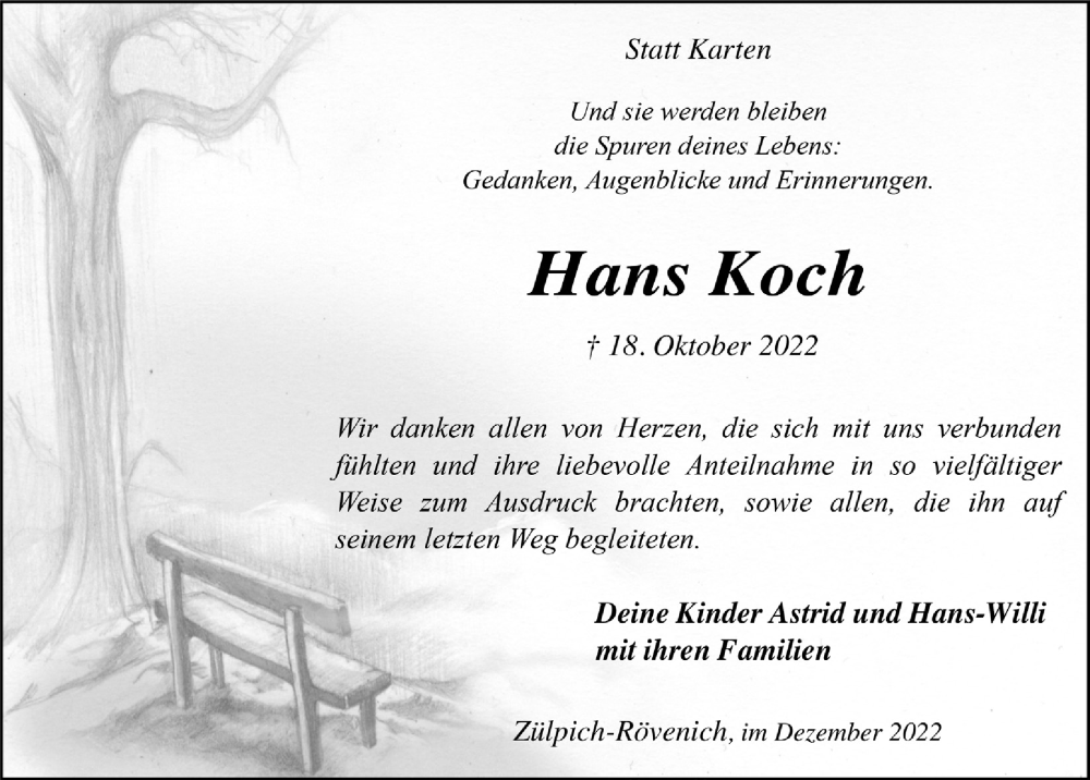  Traueranzeige für Hans Koch vom 10.12.2022 aus  Blickpunkt Euskirchen 