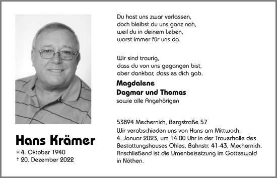 Anzeige von Hans Krämer von  Blickpunkt Euskirchen 