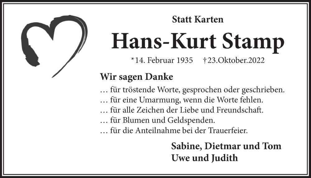  Traueranzeige für Hans-Kurt Stamp vom 29.12.2022 aus  Lokalanzeiger 