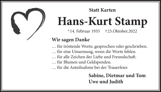 Anzeige von Hans-Kurt Stamp von  Lokalanzeiger 