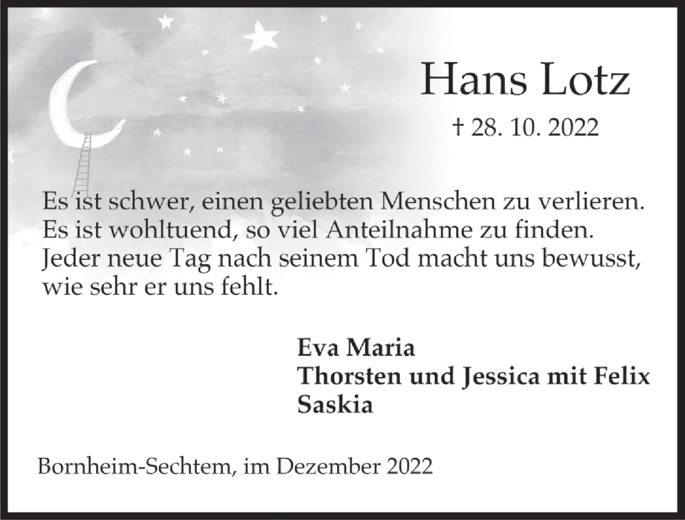  Traueranzeige für Hans Lotz vom 09.12.2022 aus  Schlossbote/Werbekurier 
