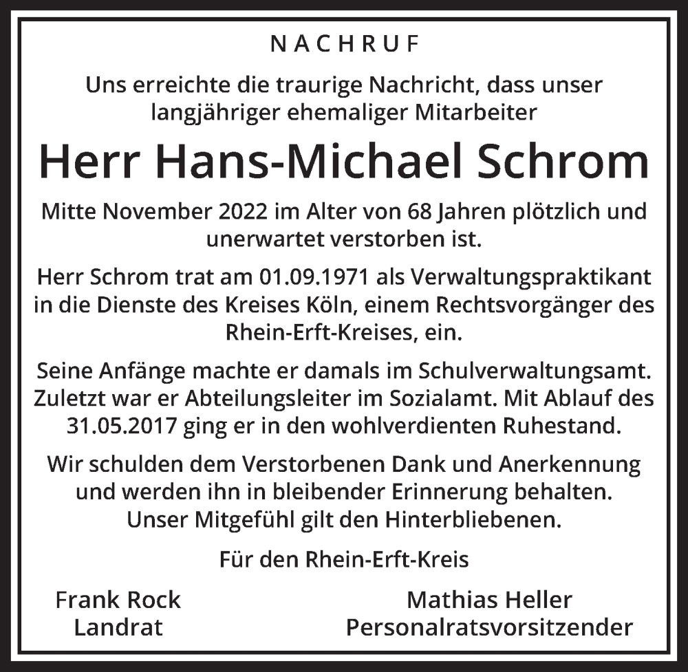  Traueranzeige für Hans-Michael Schrom vom 09.12.2022 aus  Wochenende  Schlossbote/Werbekurier  Werbepost 