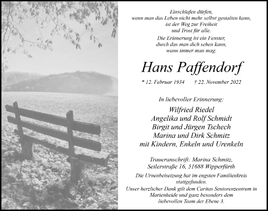 Anzeige von Hans Paffendorf von  Anzeigen Echo 
