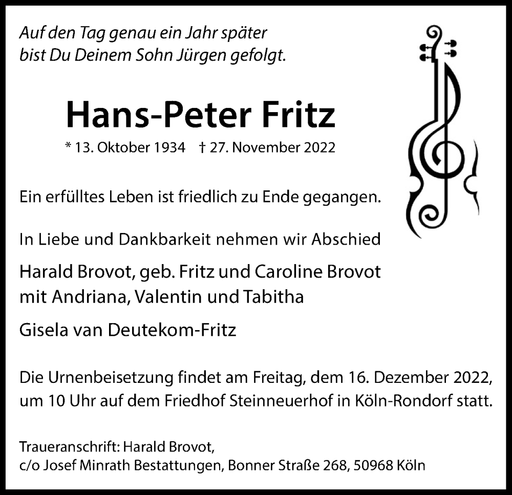  Traueranzeige für Hans-Peter Fritz vom 03.12.2022 aus Kölner Stadt-Anzeiger / Kölnische Rundschau / Express