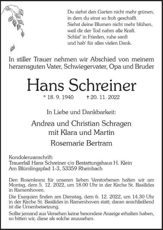 Anzeige von Hans Schreiner von  Schaufenster/Blickpunkt 