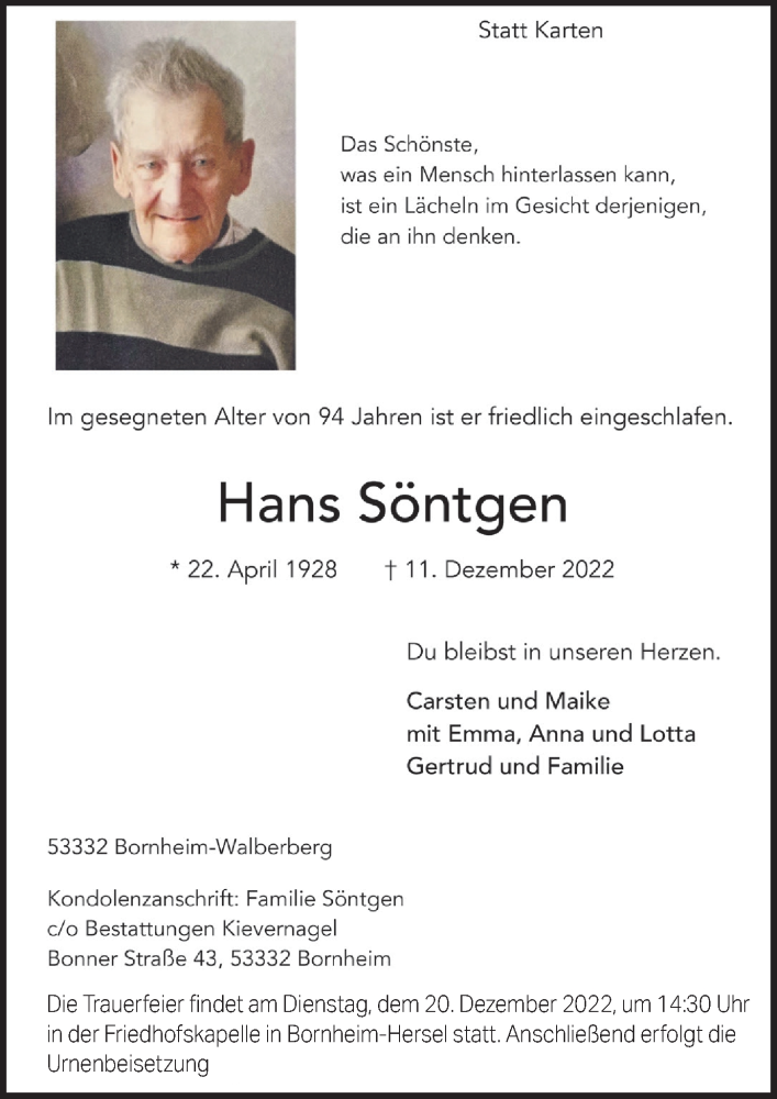  Traueranzeige für Hans Söntgen vom 16.12.2022 aus  Schaufenster/Blickpunkt 