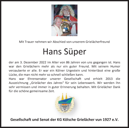 Anzeige von Hans Süper von Kölner Stadt-Anzeiger / Kölnische Rundschau / Express
