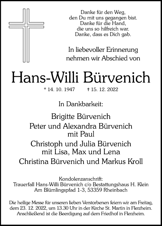 Anzeige von Hans-Willi Bürvenich von Kölner Stadt-Anzeiger / Kölnische Rundschau / Express
