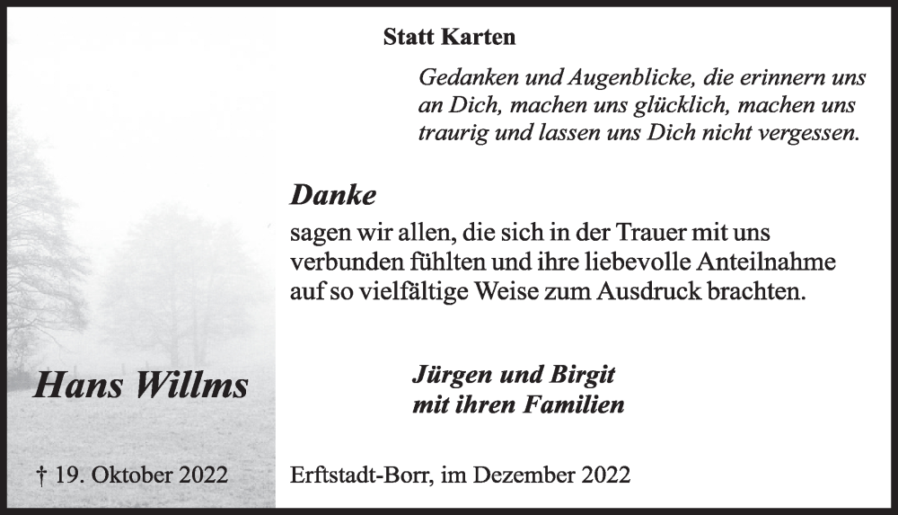  Traueranzeige für Hans Willms vom 09.12.2022 aus  Werbepost 