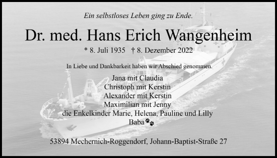 Anzeige von Hans Erich Wangenheim von  Blickpunkt Euskirchen 