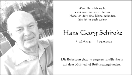 Anzeige von Hans Georg Schiroke von  Schlossbote/Werbekurier 