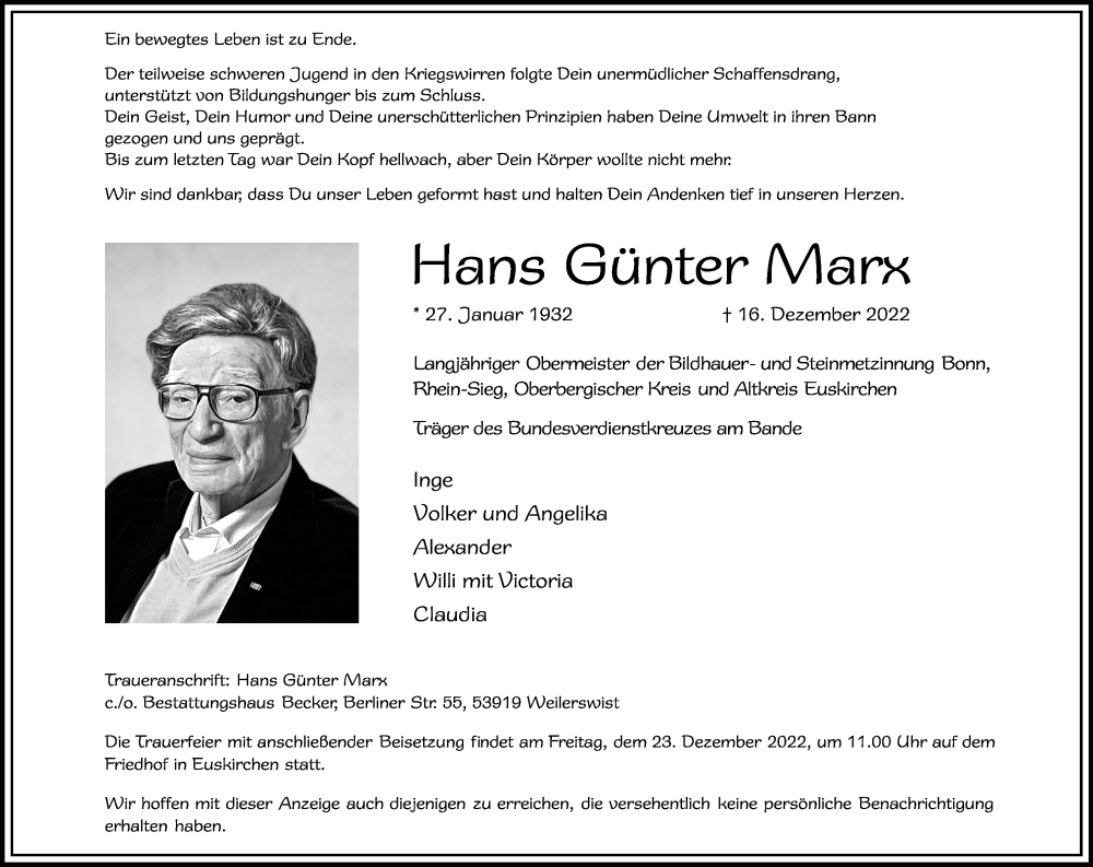  Traueranzeige für Hans Günter Marx vom 21.12.2022 aus Kölner Stadt-Anzeiger / Kölnische Rundschau / Express