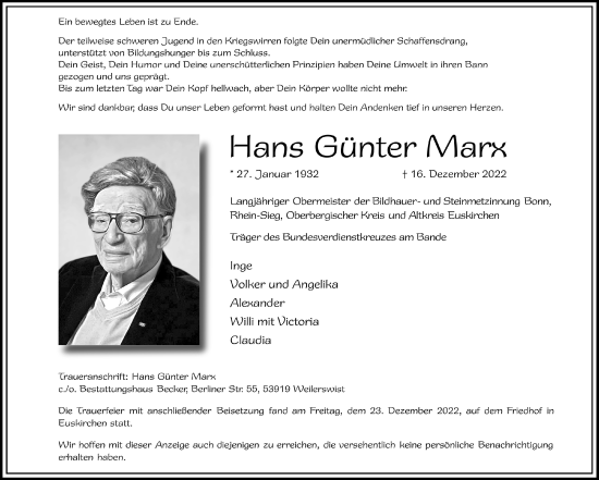 Anzeige von Hans Günter Marx von  Blickpunkt Euskirchen 