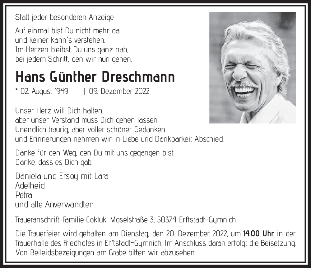  Traueranzeige für Hans Günther Dreschmann vom 16.12.2022 aus  Werbepost 