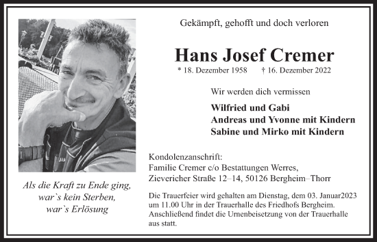 Anzeige von Hans Josef Cremer von  Werbepost 