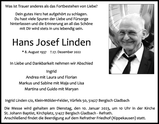 Anzeige von Hans Josef Linden von Kölner Stadt-Anzeiger / Kölnische Rundschau / Express