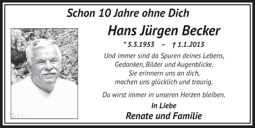  Traueranzeige für Hans Jürgen Becker vom 29.12.2022 aus  Werbepost 