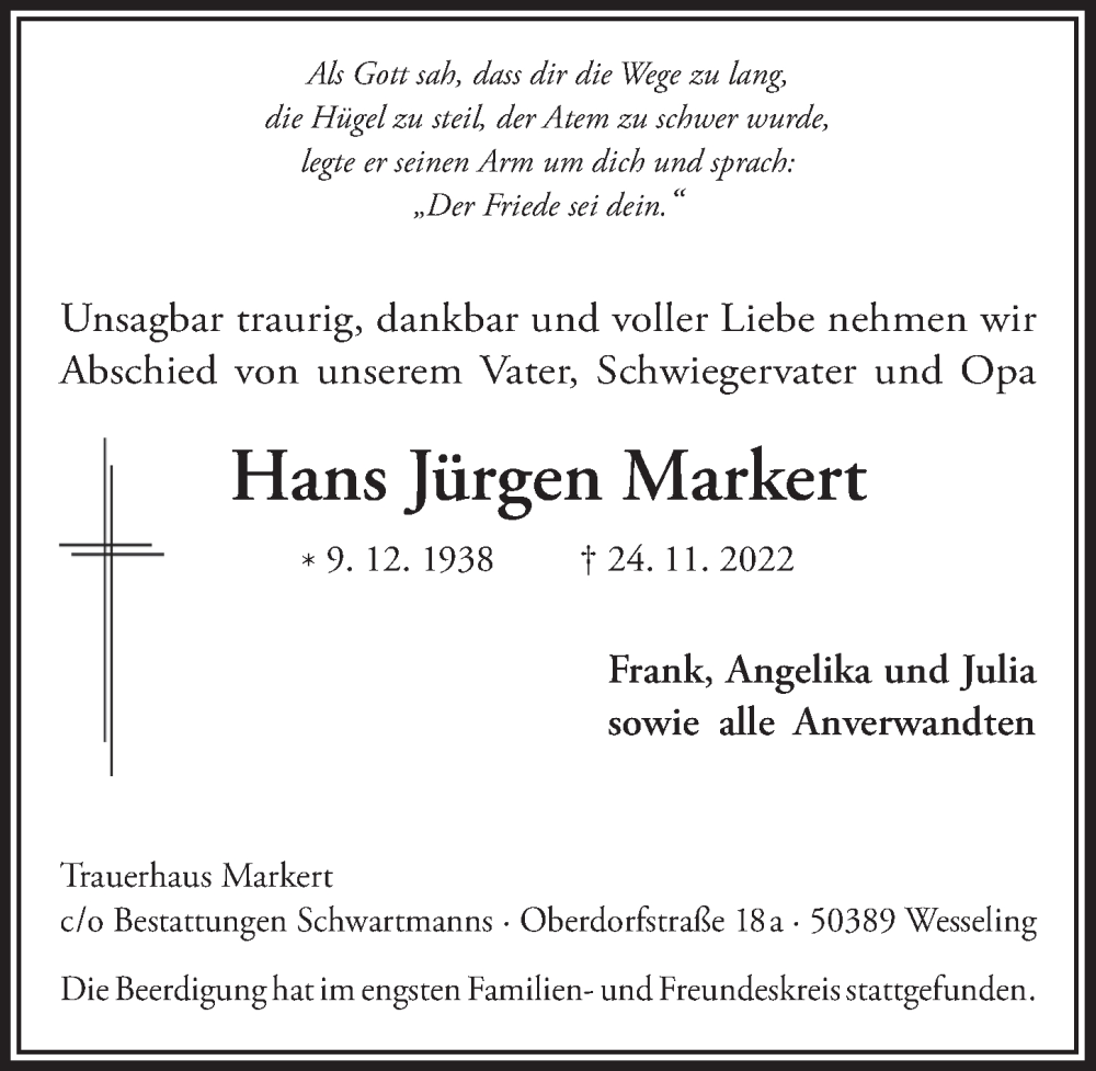  Traueranzeige für Hans Jürgen Markert vom 02.12.2022 aus  Schlossbote/Werbekurier 