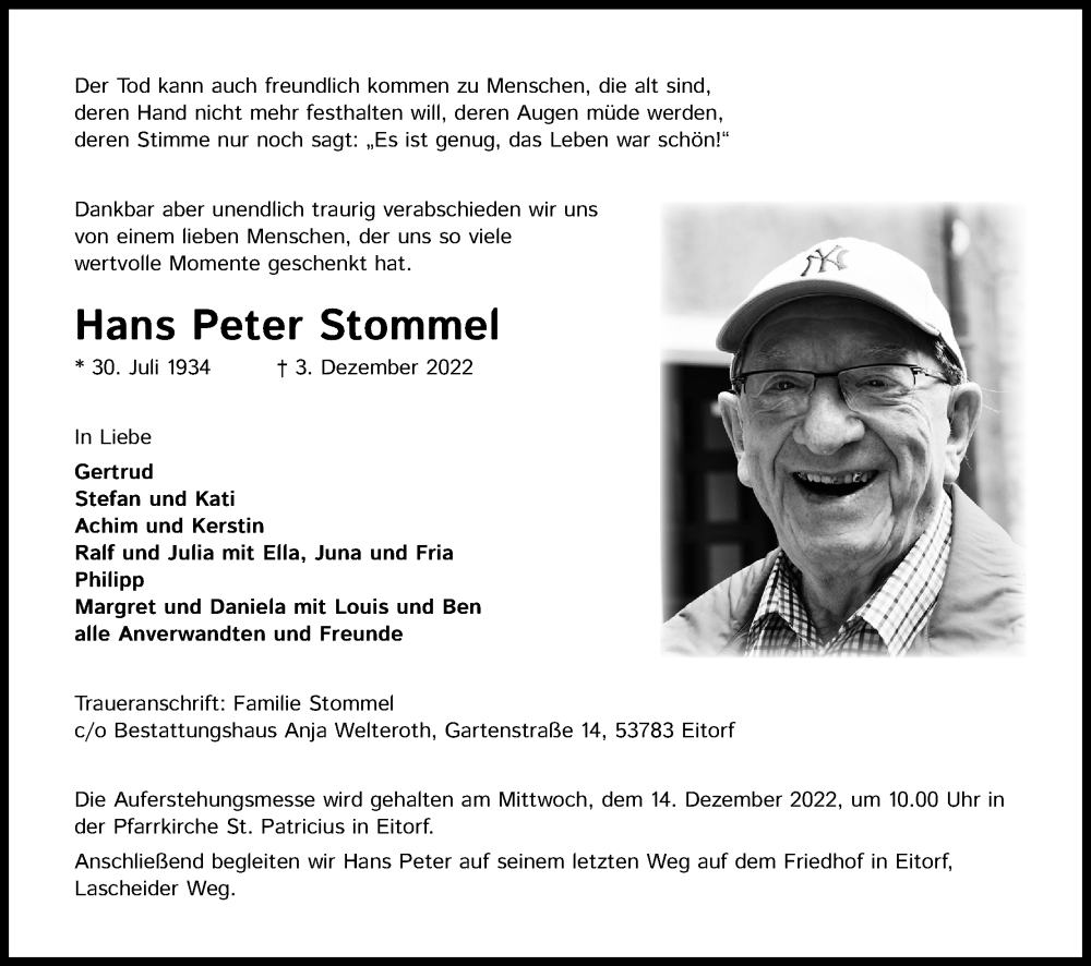  Traueranzeige für Hans Peter Stommel vom 10.12.2022 aus Kölner Stadt-Anzeiger / Kölnische Rundschau / Express