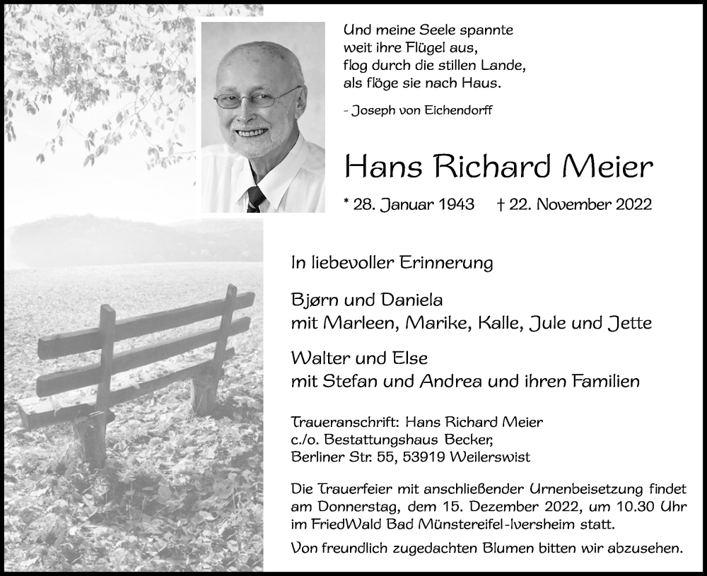  Traueranzeige für Hans Richard Meier vom 03.12.2022 aus Kölner Stadt-Anzeiger / Kölnische Rundschau / Express