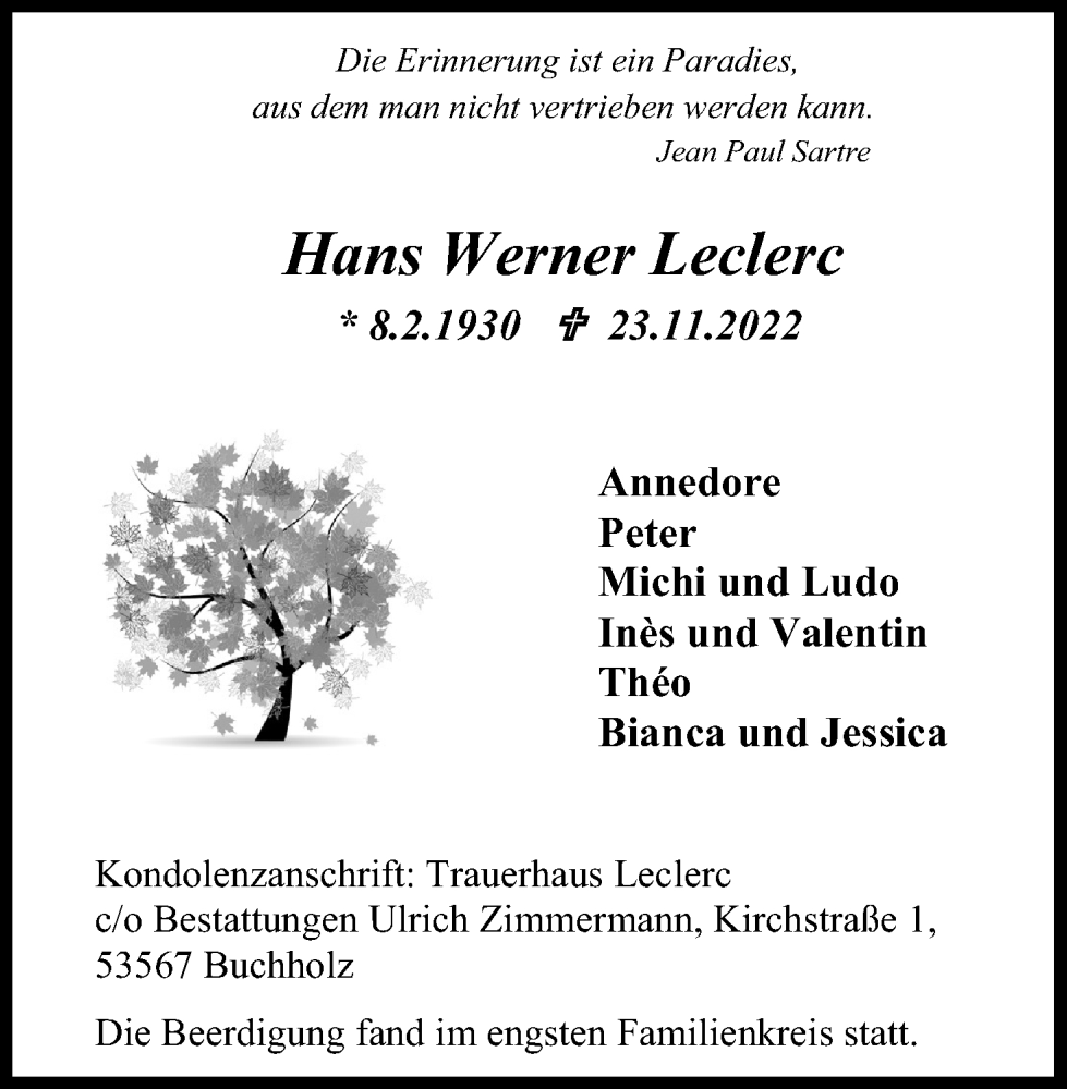  Traueranzeige für Hans Werner Leclerc vom 03.12.2022 aus Kölner Stadt-Anzeiger / Kölnische Rundschau / Express