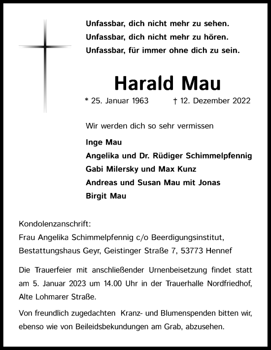 Anzeige von Harald Mau von Kölner Stadt-Anzeiger / Kölnische Rundschau / Express