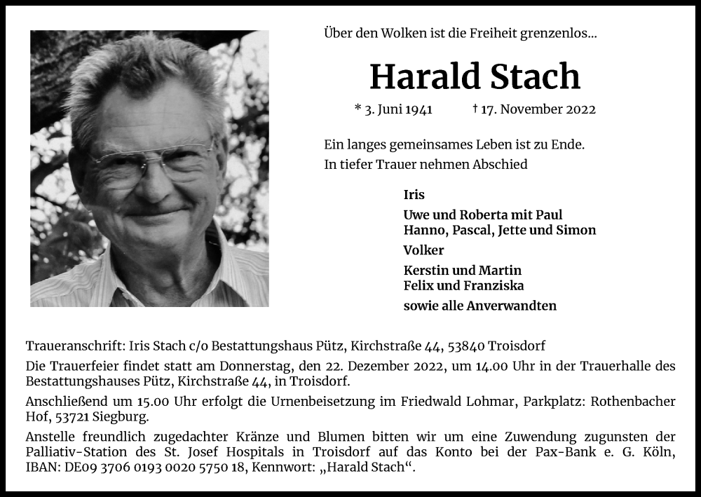  Traueranzeige für Harald Stach vom 03.12.2022 aus Kölner Stadt-Anzeiger / Kölnische Rundschau / Express