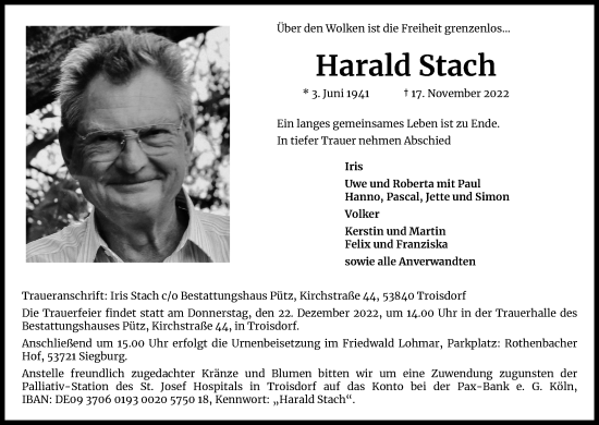 Anzeige von Harald Stach von Kölner Stadt-Anzeiger / Kölnische Rundschau / Express