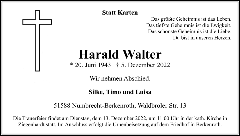 Traueranzeige für Harald Walter vom 10.12.2022 aus Kölner Stadt-Anzeiger / Kölnische Rundschau / Express